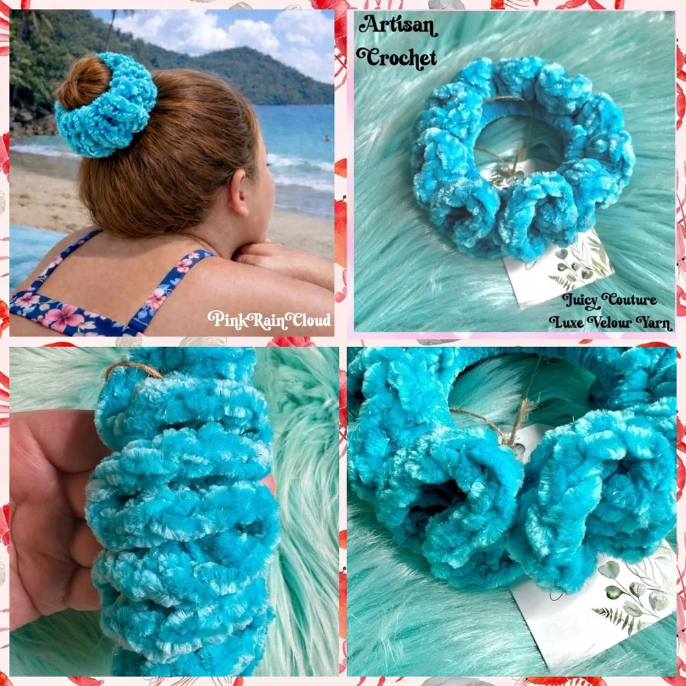 Handmade VELVET Ice Blue Crochet Scrunchie Sparkle Large Hair Tie PinkRainCloud